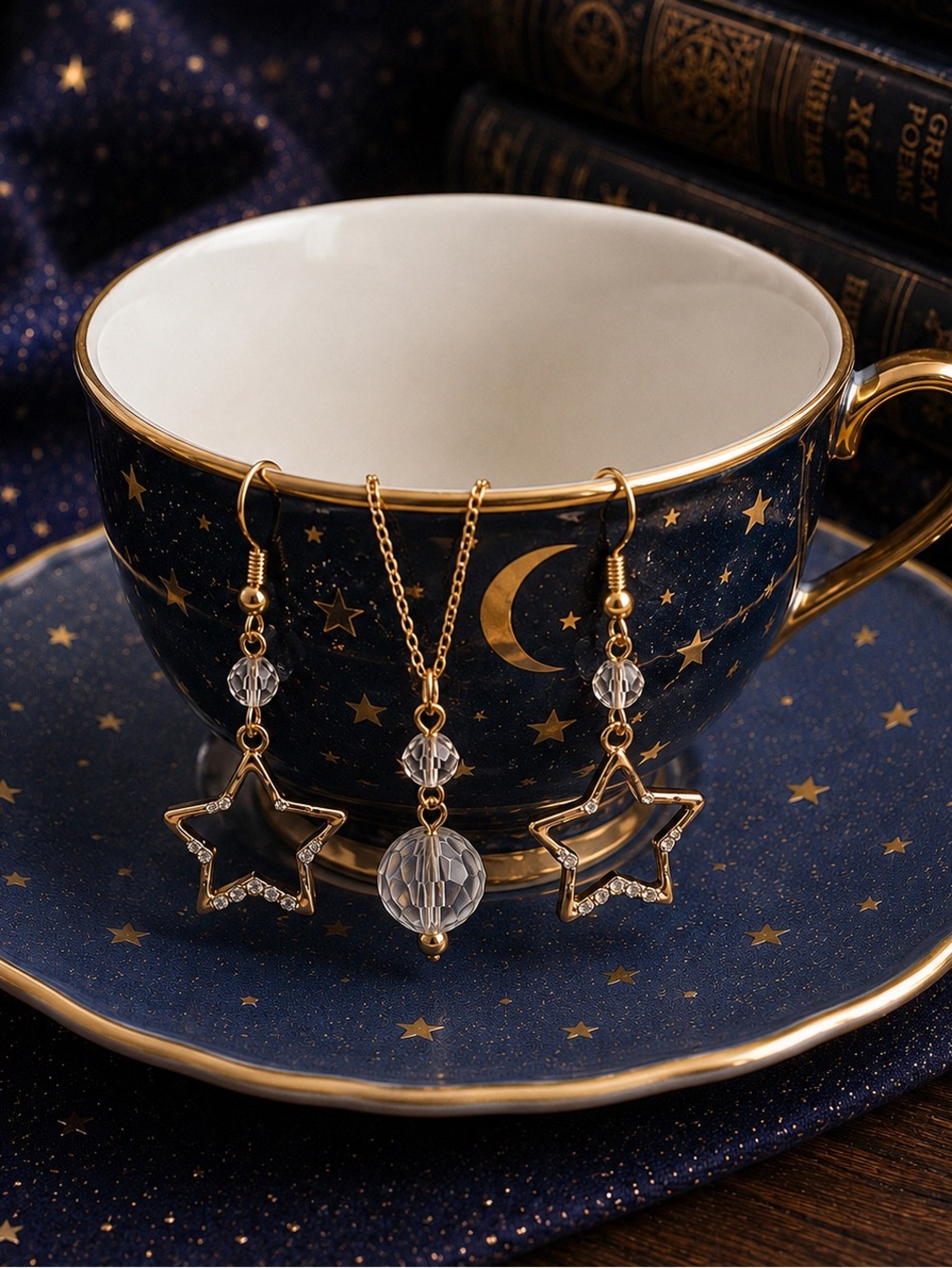 New Star Necklace & Earrings Set Gold Tone Crystal Celestial Jewelry